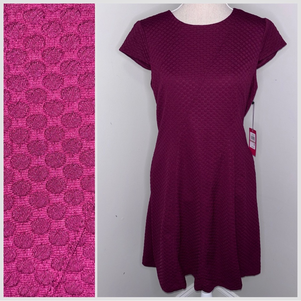 Vince Camuto NEW burgundy wine cap sleeve knit fit & flare textured dress sz 12